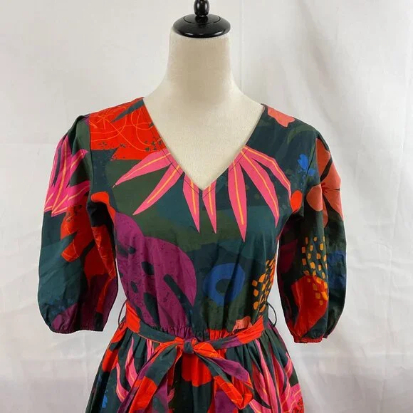 Maude Vivante Maxi Dress XS Half Sleeve Tie Waist Dark Green Pink Purple Red - Picture 2 of 15